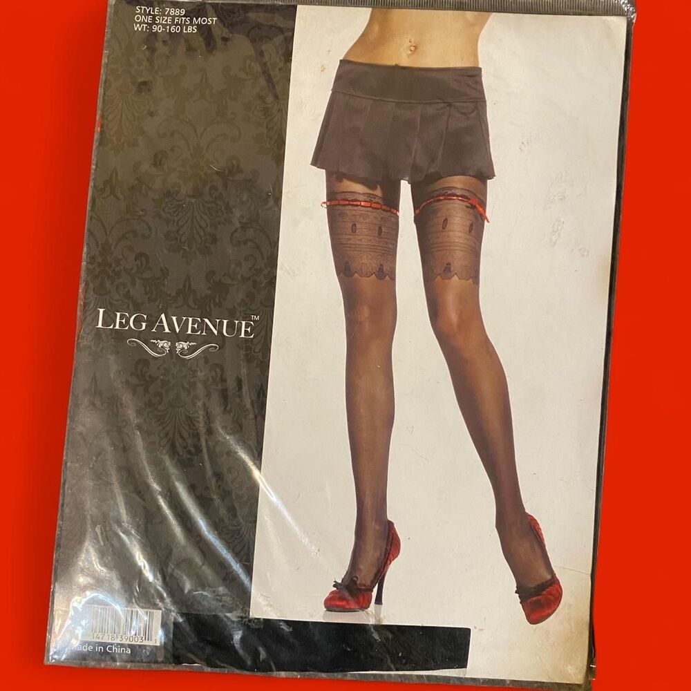 NWT - Vintage Ca Y2K Leg Avenue Black Lace Thigh High w/ Red Ribbon - OS